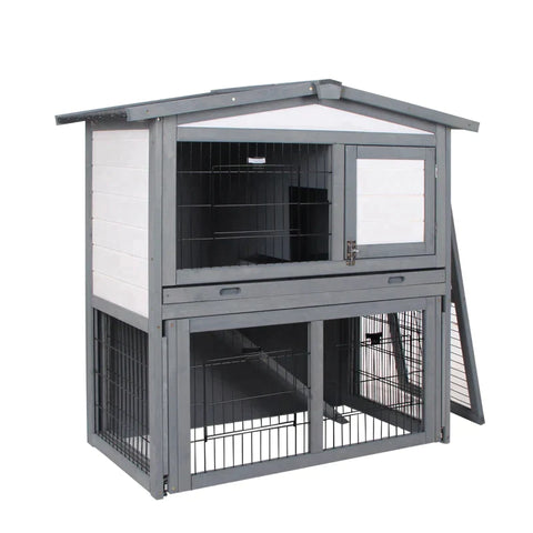 Rootz Small Animal Hutch - Rabbits Hutch - Hutch With Freewheel - 2-tier Fir Wood Outdoor Hutch - Grey/White