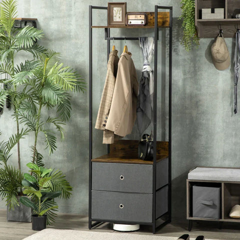 Rootz Kapstok - Kledingstang - Metalen Kapstok - Kledingrek met 2 Stoffen Opberglades - 2 Lades 1 Hangrail - Zwart + Bruin + Grijs - 58cm x 46cm x 185cm