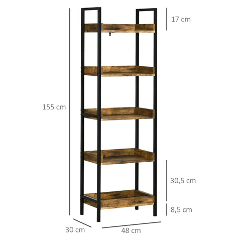 Rootz Storage Rack - Industrial Design Ladder Rack - Standing Shelf - With Large Storage Space - 5 Shelves - Brown/Black - 48 cm x 30 cm x 155 cm