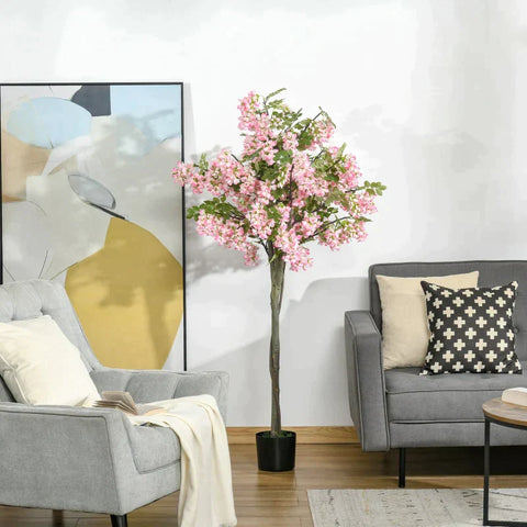 Rootz Artificial Plants - Artificial Sophora Plant - Flower Tree - Cotton-like Pleasure Ring - PE - Cement - Home - Office - Outdoor - Pink + Black - 17cm x 17cm x 150cm