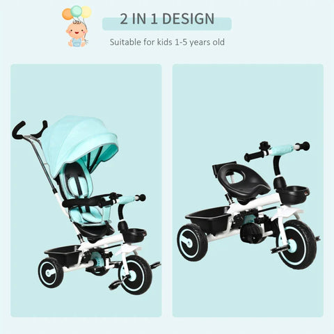 Rootz 2 In 1 Children's Tricycle - Jogger With Steering System - Rod Basket - Sun Canopy - Velvet Touch - Green - 100 x 48 x 106 cm