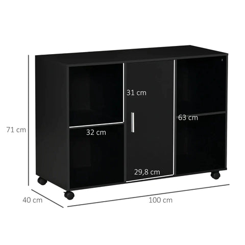 Rootz Printer Table - Printer Stand with Wheels - Filing Cabinet - Office Trolley - Trolley with 4 Compartments 1 Door - Black - 100 x 40 x 71 cm