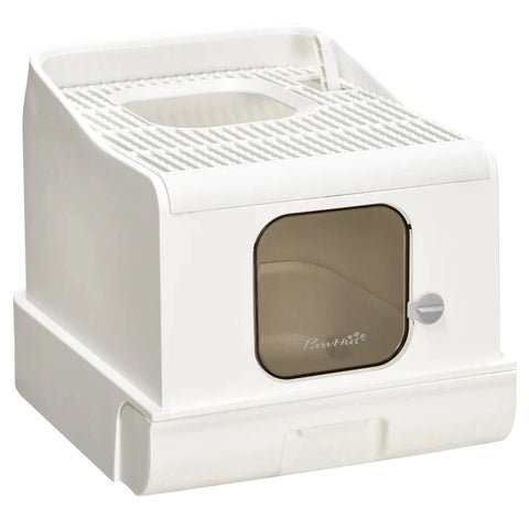 Rootz Cat Litter Box - With Cover - Including Scoop - Front And Top Entry - White + Gray - 43L x 54W x 41H cm