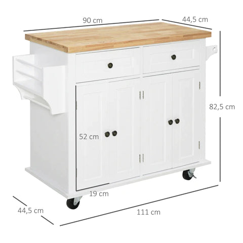 Rootz Kitchen Cabinet - Serving Trolley - Kitchen Trolley - Kitchen Island - With Wheels - Kitchen Shelf - With Drawer And Adjustable Shelf - White + Natural - 111 x 44.5 x 82.5 cm