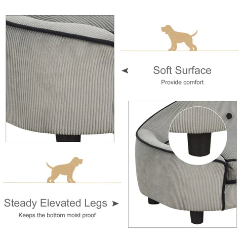 Rootz Dog Sofa - Dog Bed - Dog Mat - Pet Sofa - Natural Wood+Plush - Grey - 66.5 x 45 x 35.5 cm
