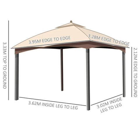 Rootz Gazebo - Garden Pavilion - Garden Tent - Marquee Party Tent With 4 X Side Walls Mosquito Net - Breathable - Double Roof - Metal - Polyester - Khaki + Brown - 3.95L x 3.28W x 3.33H w