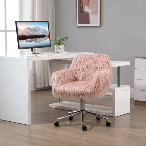 Rootz Bureaustoel - Directiestoel - Draaistoel - Computerstoel - Make-upstoel - Zithoogteverstelling - Faux Fur Foam - Roze/Zilver - 57 x 60 x 75-85 cm