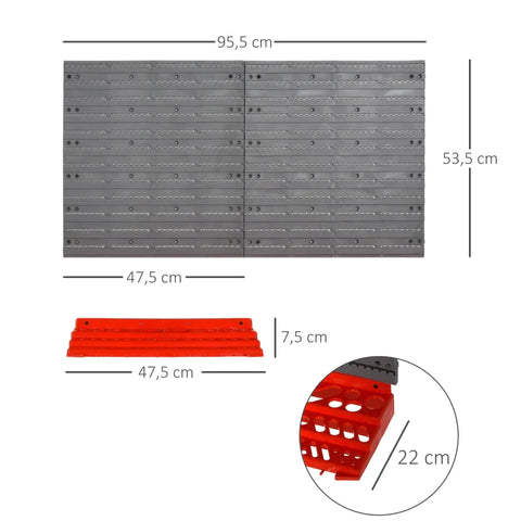 Rootz Pegboard - geperforeerde gereedschapsset - wandplank - 54 stuks gereedschap - wandhouder gereedschap - grijs/rood 95,5 x 23 x 53,5 cm