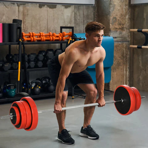 Rootz Barbell - 50 Kg - Non-slip Handle - 8 Weight Plates - Rubberized Edge - Iron - Red - 170 x 33 x 33cm