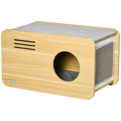 Rootz Cat House - Cat Cave - Lying Area On The Roof - Scratching Wall - For Cats Up To 5kg - Wood + Gray + White - 70 x 40 x 40cm