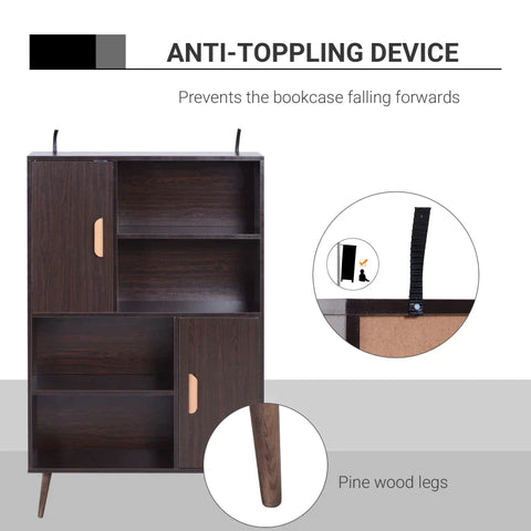 Rootz Standing Shelf - Sideboard -  Bookshelf - Free Standing Bookcase Shelves - Storage Cabinet - Wooden Leg - 2 Doors 5 Compartments - Walnut - 80 cm x 23.5 cm x 123 cm