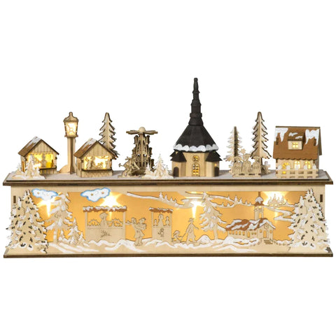 Rootz Christmas Village - Christmas Decoration - Snowy Christmas Village - 10 Leds - Warm White Light - Wood - Natural - 45 x 10 x 25cm