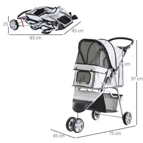 Rootz Dog Stroller - Dog Cart - Dog Buggy - Dog Trolley -  Trolley Pet - Pet Travel Stroller - Puppy Jogger Carrier - Grey - 75L x 45W x 97H cm