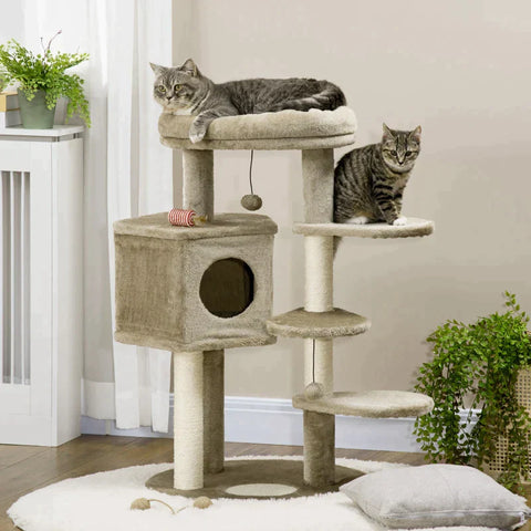 Rootz Cat Tree - Scratching Post With 1 Cat Cave - Cat House - Bed And Toy Ball -  Brown + Cream White - 55 cm x 55 cm x 94 cm