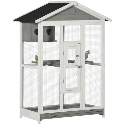 Rootz Bird Aviary - Wooden Aviary Bird Cage - Perch Asphalt Roof - Waterproof - Fir Wood - White + Grey + Black - 112 x 68 x 154 cm