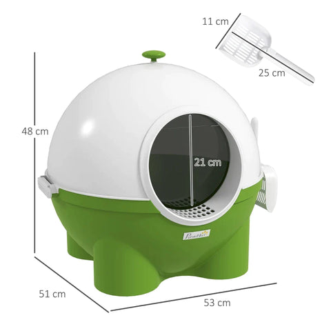 Rootz Cat Litter Box - Strainer - Scoop - Cats Up To 4kg - Easy To Clean - Cute Design -  Plastic - Green + White - 53L x 51W x 48H cm