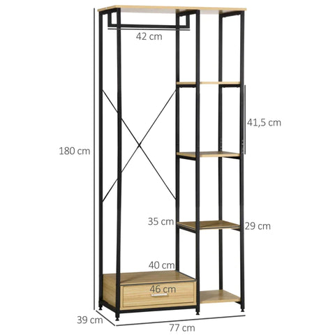 Rootz Garderobenständer – Kleiderschrank – Industriedesign – 1 Schublade – 1 Kleiderstange – 4 Einlegeböden – Stahl/Spanplatte – Schwarz/Natur – 77 cm x 39 cm x 180 cm