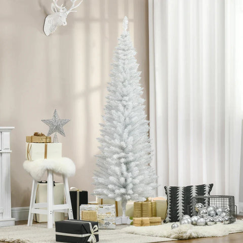 Rootz Christmas Tree - Artificial Pine Pencil Slim Tall Christmas Tree - Holiday Decor - Plastic Stand - White - Ø 55 x H180 cm