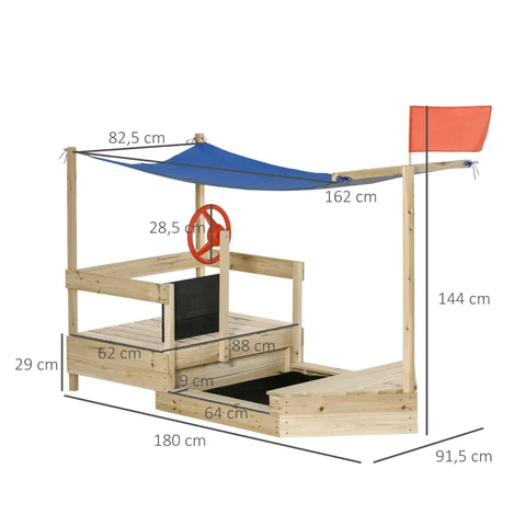 Rootz Sandbox - Grote Zandbak met Deksel - Scheepsdesign - Houten Modderbak - Bank - Vlaggenmast - Zeilschip Speelhuis voor Kinderen - Naturel - 180 x 91,5 x 144 cm