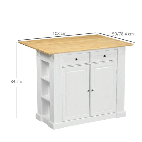 Rootz Kitchen Island - Kitchen Cabinet - 2 Cabinets - 2 Drawers - 6 Spice Racks - MDF/Rubber Wood - Natural/White - 108cm x 78.4cm x 84cm