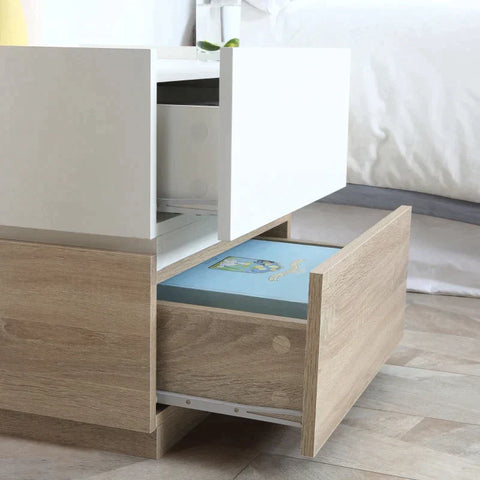 Rootz Bedside Table - Coffee Table With Drawer - White + Natural - 50 cm x 4 cm x 47.5 cm