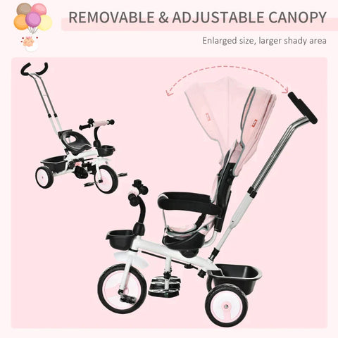 Rootz 2 In 1 Children's Tricycle - Jogger With Steering System - Rod Basket - Sun Canopy - Velvet Touch - Pink - 100 x 48 x 106 cm