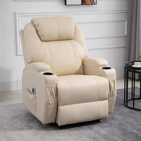 Rootz Massage Chair - Electric Relaxation Chair - Tv Chair - Massage Function - Reclining Function - Artificial Leather - Wood - Metal - Foam - Beige - 82 x 97 x 110 cm