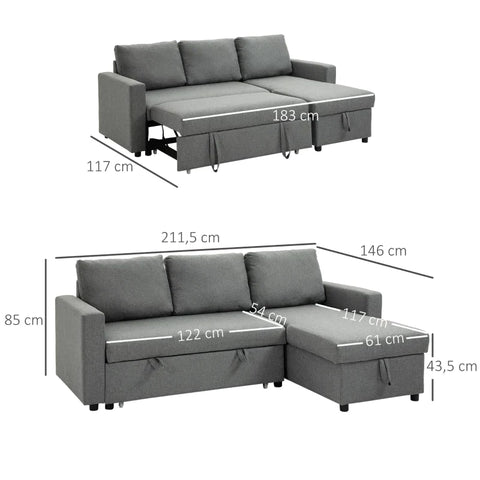 Rootz Corner Sofa - Corner Sofa With Sleeping Function - Sofa Bed - 3-seater Sofa - Polyester - Foam - PP Plastic - Light Grey - 211.5 cm x 146 cm x 85 cm