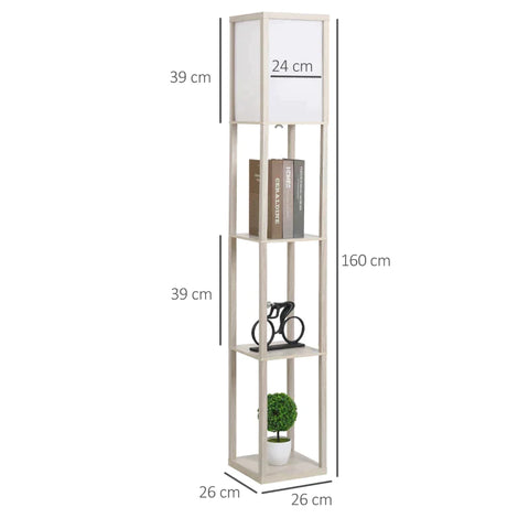 Rootz Stehlampe – Standregal – 3 Ablagen – Innenbeleuchtung – Wohnzimmerlampe – Eiche/Weiß – 26 x 26 x 160 cm