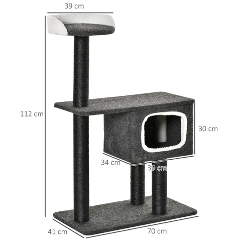 Rootz Krabpaal - Krabpaal Voor Katten - Klimboom Met Kattenhol - Sisalpalen - Groot Platform - Speelballen - Stabiel - Zwart - 70 x 41 x 112 cm