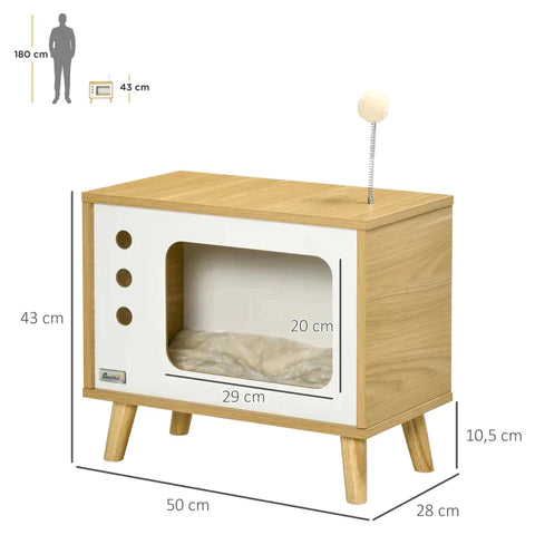 Rootz Katzenhaus – Katzenhöhle im TV-Design, inklusive Spielzeug – waschbares Kissen – Eiche + Beige + Weiß – 50 cm x 28 cm x 43 cm