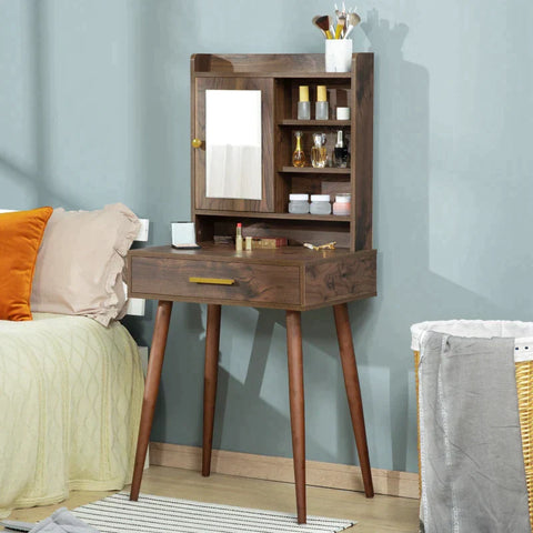 Rootz Cosmetic Table - Kaptafel - Met Spiegel &amp; Lade - Spaanplaat/Rubberhout/Glas - Walnoot - 60 x 45 x 134 cm