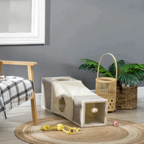 Rootz Cat Tunnel - 2 Cat Caves - Cat Bed - Scratch Pads And Ball Toy - Chipboard/Fluff/Sisal - Brown/Beige - 98cm x 30cm x 30cm