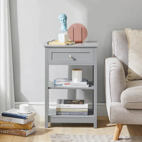 Rootz Nachttisch – Nachttisch – Beistelltisch – Couchtisch – Lampentisch – Nachttisch mit 1 Schublade und 2 Regalen – Hellgrau