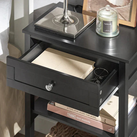 Rootz Side Table - End Table - Coffee Tables - Lamp Table - Bedside Table - Night Stand with 1 Drawer and 2 Shelves - Black