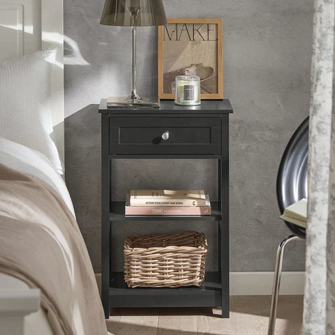 Rootz Side Table - End Table - Coffee Tables - Lamp Table - Bedside Table - Night Stand with 1 Drawer and 2 Shelves - Black