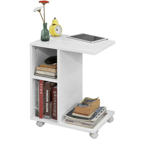 Rootz Sofa Side Table-End Table Coffee Table on Wheels with 2 Storage Shelves & Tablet Holder