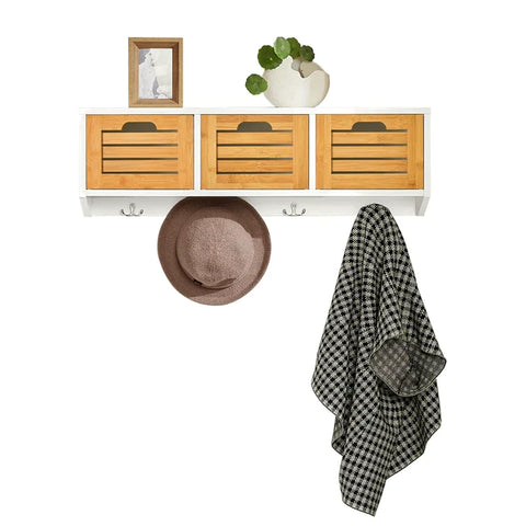 Rootz Wall Coat Rack - Wall Shelf - Wall Storage Cabinet Unit with 3 Drawers 4 Hooks