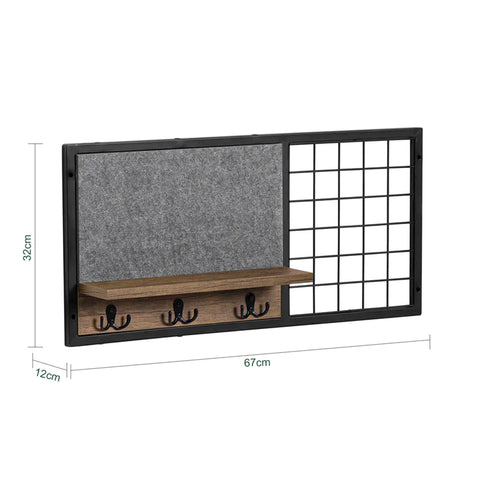 Rootz Wall Coat Rack with 1 Shelf 3 Hooks - Wall Shelf Hook Rack with Felt Board and Metal Grid