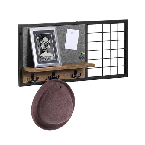 Rootz Wall Coat Rack with 1 Shelf 3 Hooks - Wall Shelf Hook Rack with Felt Board and Metal Grid