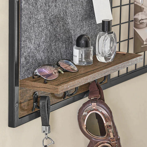Rootz Wall Coat Rack with 1 Shelf 3 Hooks - Wall Shelf Hook Rack with Felt Board and Metal Grid