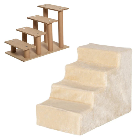 Rootz Pet Stairs - 4-Step Dog Ramp with Removable Cover - Cat Stairs - Dog Stairs - Animal Stairs - Chipboard - Plush - Beige - 60 x 35 x 44 cm