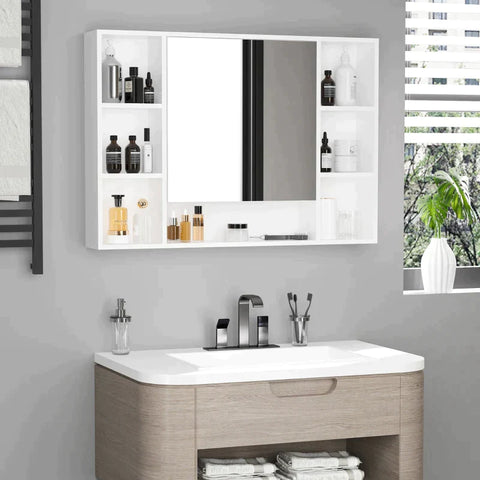 Rootz Bathroom Cabinet - Wall Cabinet - Storage Cabinet - Mirror Cabinet - With 6 Shelves - Glass/MDF - White - 100L x 15W x 70H cm