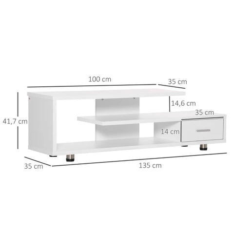Rootz TV Cabinet - TV Table - 3 Shelves - 1 Drawer 4 Legs - Chipboard - White - 135 cm × 35 cm × 41.7 cm