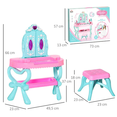 Rootz Children's Dressing Table - Baby Make-up Table With Stool Piano Music - PP plastic - PVC - Blue + Pink - 49.5L x 23W x 66H cm