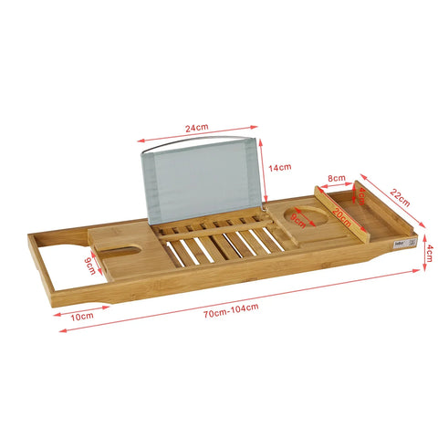 Ausziehbares Badewannenregal aus Bambus von Rootz – Caddy-Tablett mit Bücherablage, Weinhalter für iPad und Telefon