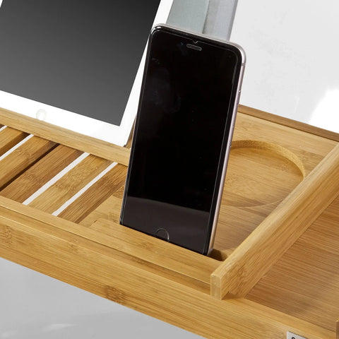 Rootz Uitschuifbaar Bamboe Badkuiprek - Caddybakje met Boekensteun iPad Telefoon Wijnhouder