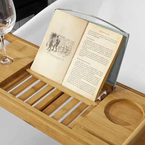 Ausziehbares Badewannenregal aus Bambus von Rootz – Caddy-Tablett mit Bücherablage, Weinhalter für iPad und Telefon