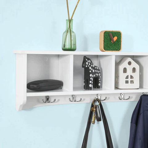 Rootz White Wall Display Storage Unit with 4 Components 5 Hooks - Wall Coat Rack Bathroom Kitchen Cupboard