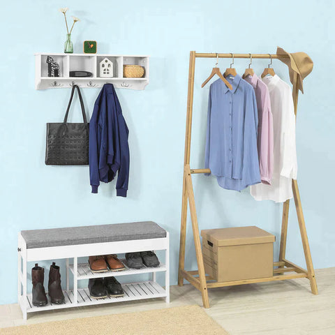 Rootz White Wall Display Storage Unit with 4 Components 5 Hooks - Wall Coat Rack Bathroom Kitchen Cupboard